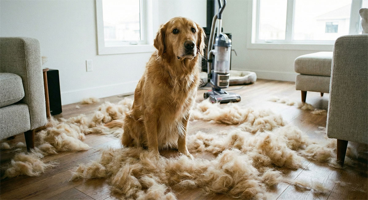 Golden Retriever sitting on a wooden floor surrounded by large piles of shed fur.