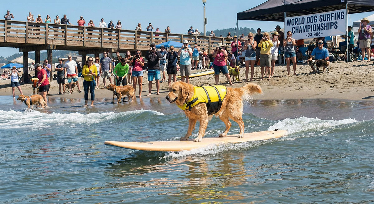 A golden retriever in a life jacket surfing on a wave at the beach.