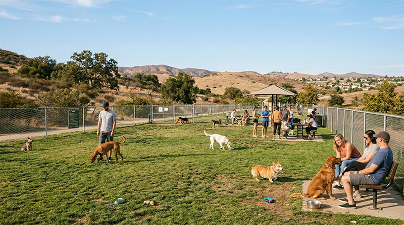 A photorealistic wide shot of Olive Hills Dog Park with a limited number of pets. Five dogs are visible playing on the green grass within a fenced area. The scene is bathed in warm natural sunlight, showing a peaceful afternoon with a few owners standing nearby and the golden hills in the distance.