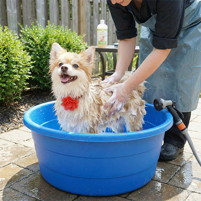 A happy Pomeranian with a red flower collar is being washed by a groomer in a blue plastic tub outdoors. The dog is covered in soap suds and has a joyful expression while the groomer’s hands are lathering its fur. The scene is set on a stone patio with green bushes, a garden fence, and grooming supplies like a shampoo bottle and a spray nozzle visible in the background.