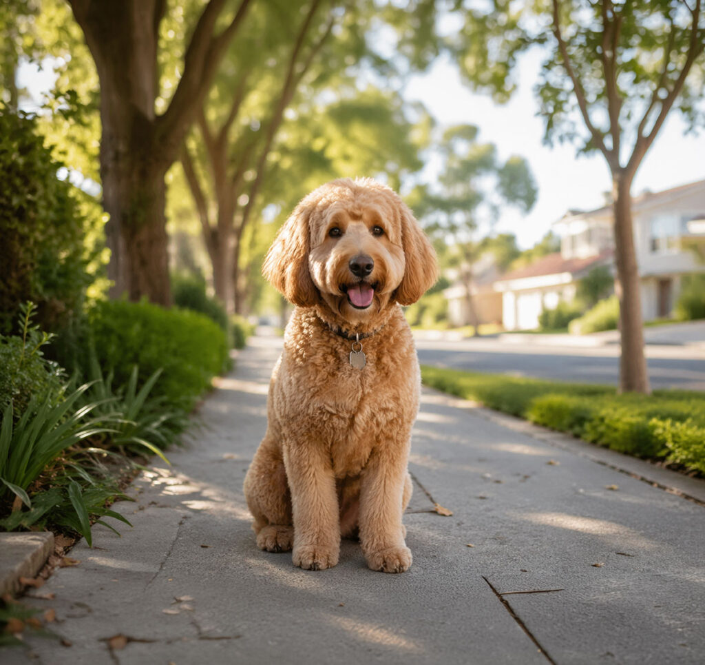 A fluffy, golden-colored Goldendoodle dog sitting patiently on a sunny neighborhood sidewalk lined with green trees and houses in the background.