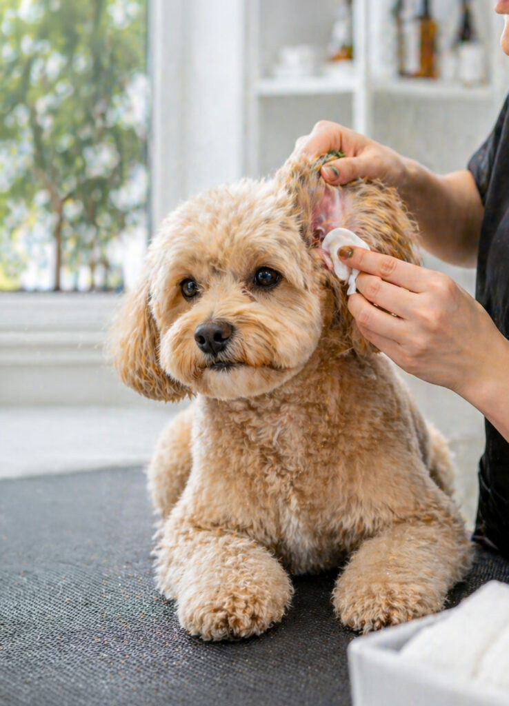 A close-up of a small, light brown curly-haired dog receiving a professional ear cleaning from a groomer using a cotton pad.