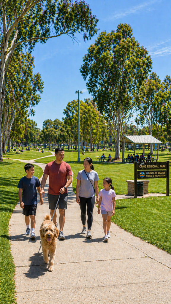 A family of four walking their Goldendoodle on a paved path at Craig Regional Park in Orange County, surrounded by lush green grass and tall trees.