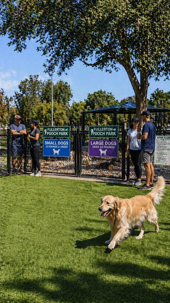 A Golden Retriever running happily across the grass at Fullerton Pooch Park, with signs in the background indicating separate areas for small and large dogs.