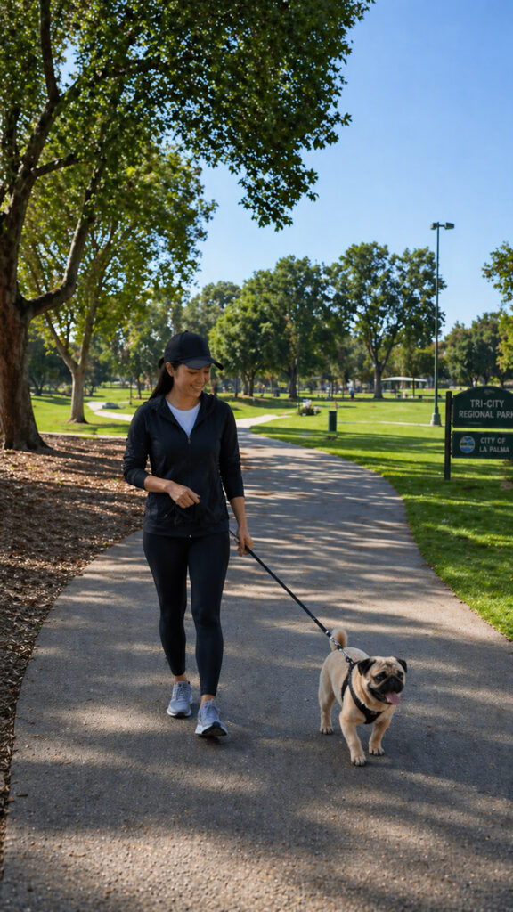 A woman in athletic wear walking a Pug on a leash along a shaded pathway at Tri-City Regional Park.
