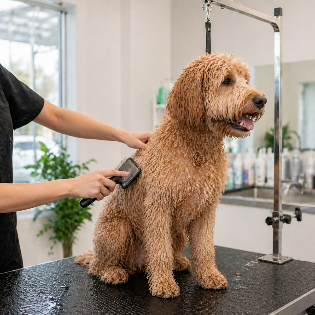 A professional groomer brushing the wet, curly coat of a large apricot-colored poodle-mix dog on a grooming table after a bath.