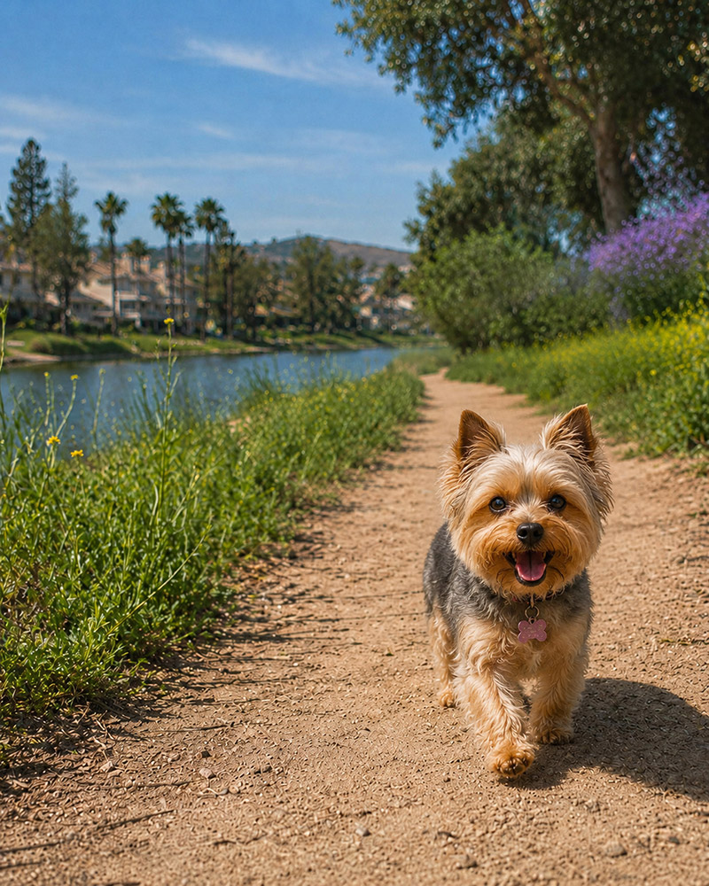 A happy Yorkshire Terrier walking forward on a dirt trail next to a scenic river lined with greenery and palm trees.