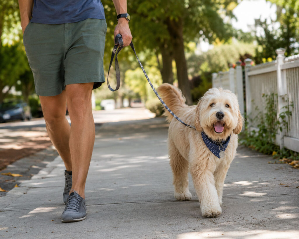 A fluffy goldendoodle wearing a blue patterned bandana being walked on a leash along a neighborhood sidewalk.
