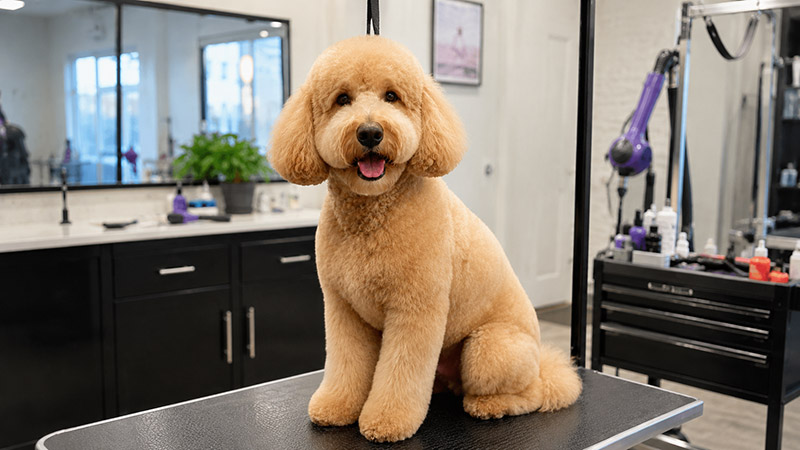 Freshly groomed Goldendoodle with a fluffy teddy bear cut at Pawradise Grooming in Yorba Linda