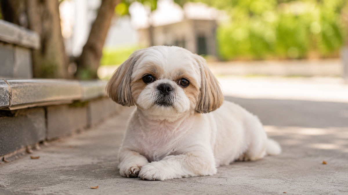 A recently groomed, light brown and white Shih Tzu with clear, attentive eyes is lying calmly on an outdoor concrete path. Its paws are tucked beneath its chest, and it looks directly at the camera. The background is a blurred park scene with trees.